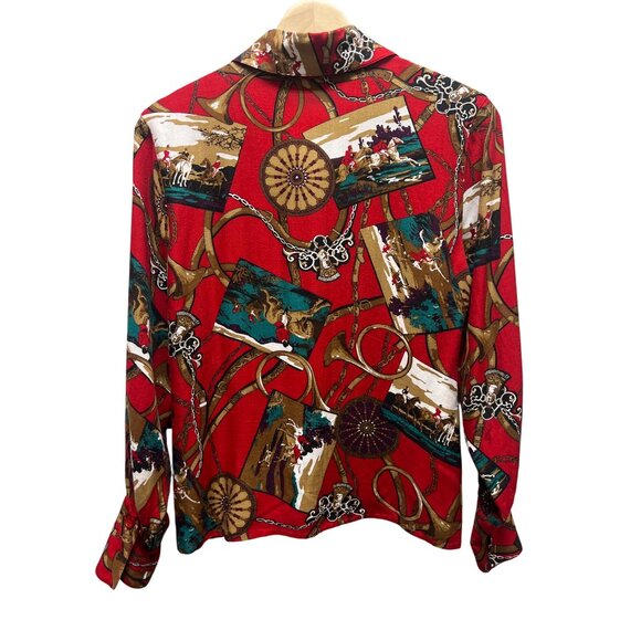 Chause Petite Vintage 90's Red and Gold Equestrian Print Silk Blend Button Down - Picture 6 of 6